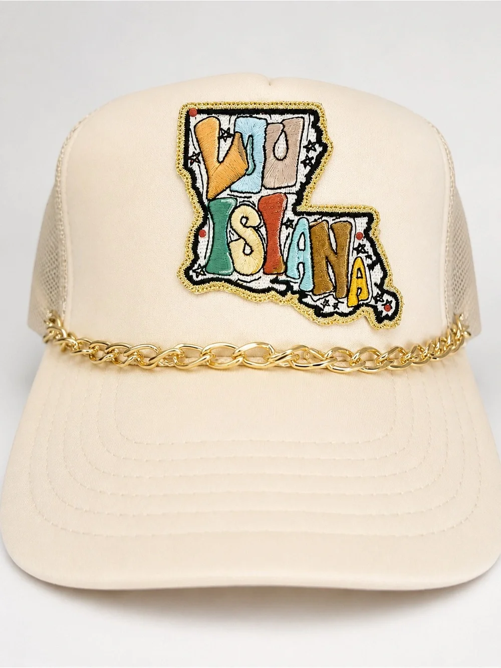 Cream Chain-Trim Trucker Hat with Multicolor Patch